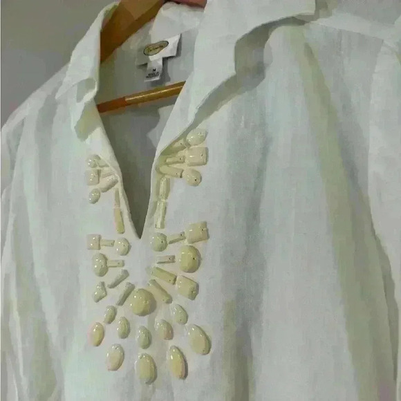 Talbots White Top Shirt Ivory Beads V Neck - Picture 2 of 4